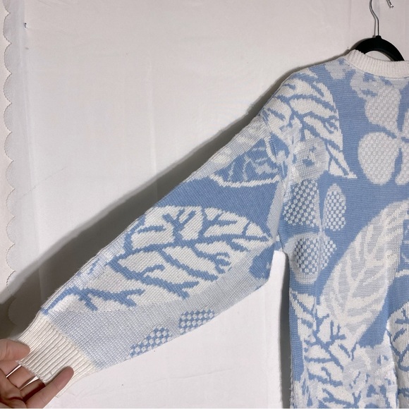 Vintage Blue White Leaf Print Jacquard Button Up Cardigan M - Picture 10 of 14